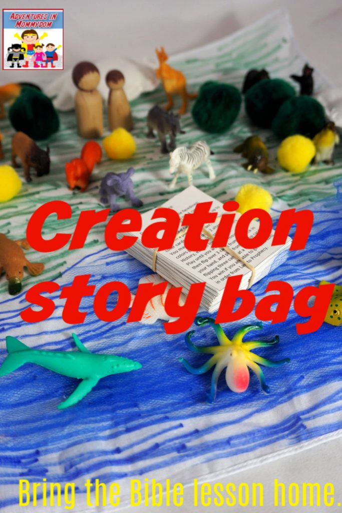 Creation story bag with card game and toys to retell the story